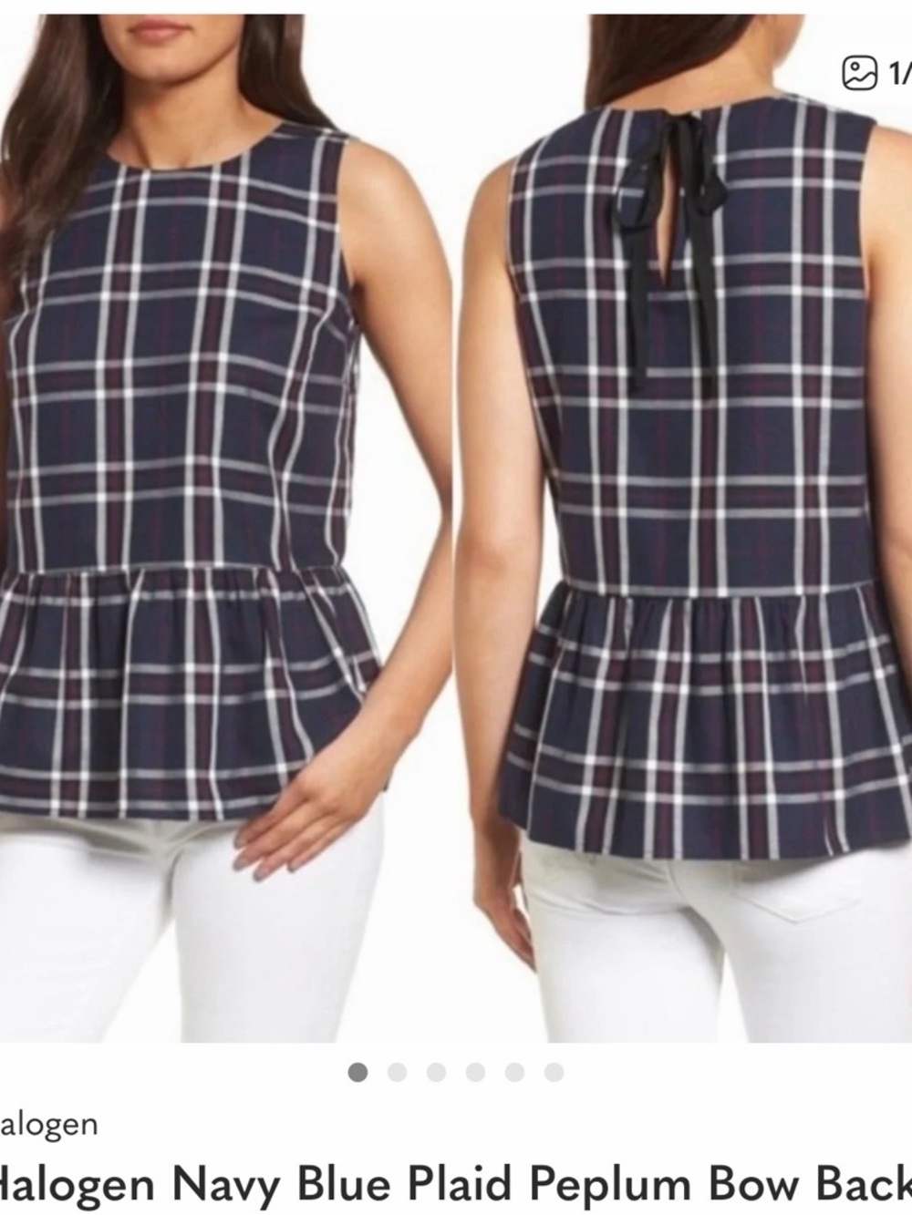 Halogen Navy Plaid Peplum Bow Back Sleeveless Women’s Top